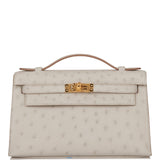 Hermes Kelly Pochette Gris Perle Ostrich Gold Hardware