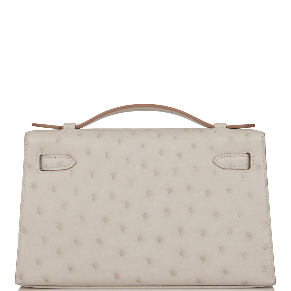 Hermes Kelly Pochette Gris Perle Ostrich Gold Hardware