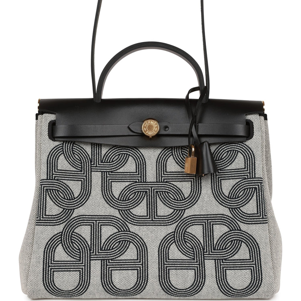 Hermes Herbag 31 "Chain D'ancre" Ecru and Black Vache Leather Gold Hardware