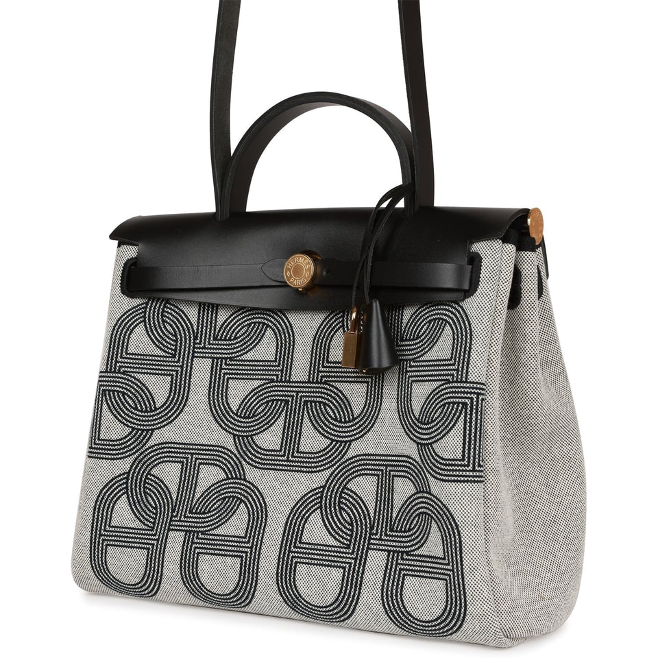 Hermes Herbag 31 "Chain D'ancre" Ecru and Black Vache Leather Gold Hardware