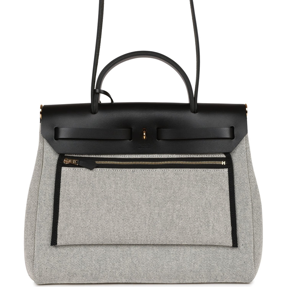 Hermes Herbag 31 "Chain D'ancre" Ecru and Black Vache Leather Gold Hardware