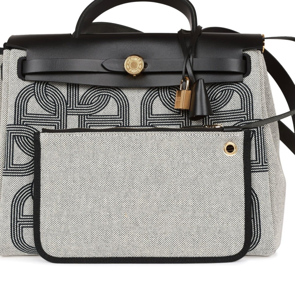 Hermes Herbag 31 "Chain D'ancre" Ecru and Black Vache Leather Gold Hardware