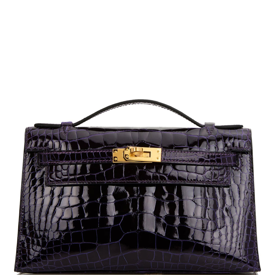 Hermes Kelly Pochette Amethyst Shiny Alligator Gold Hardware