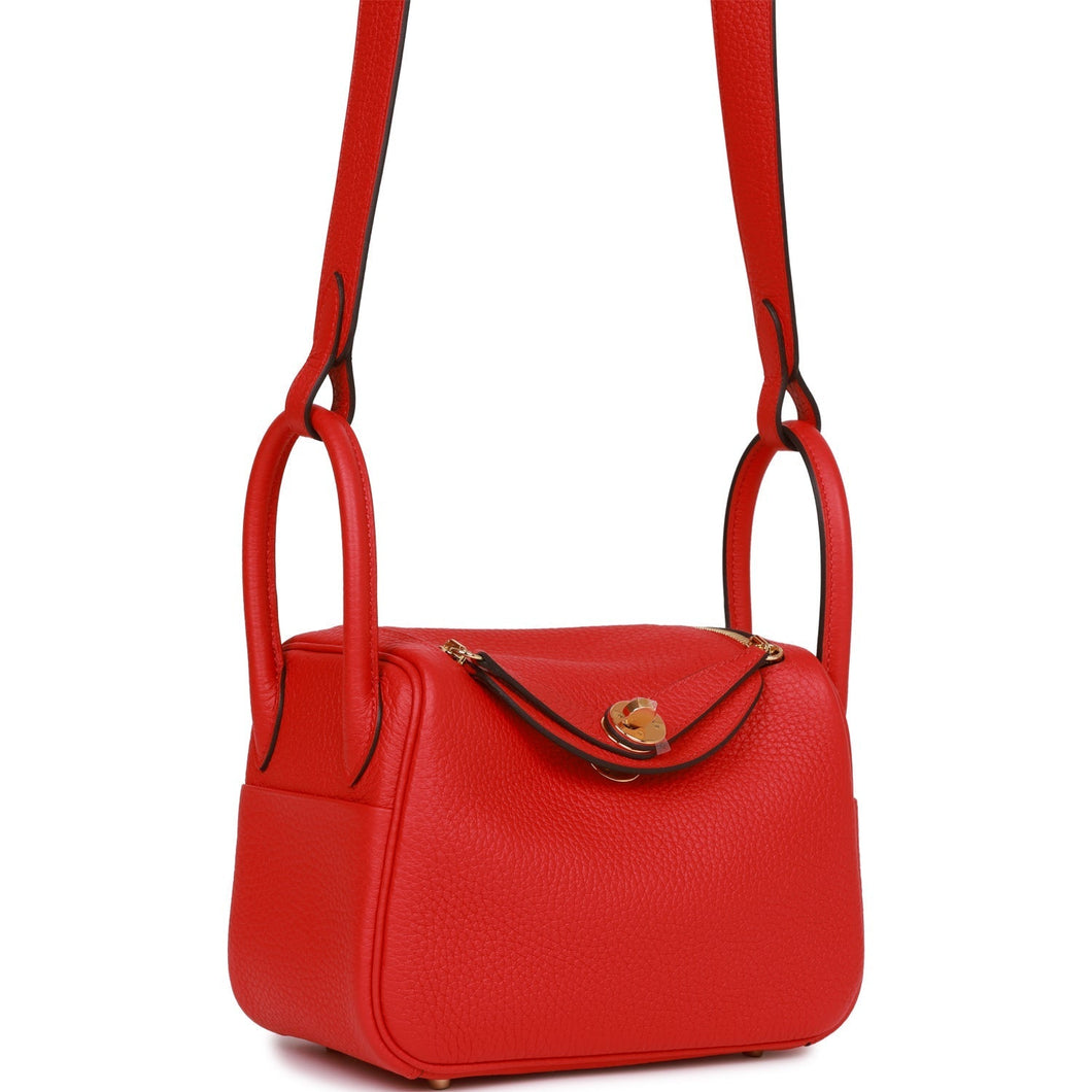 Hermes Mini Lindy Rouge de Coeur Clemence Gold Hardware