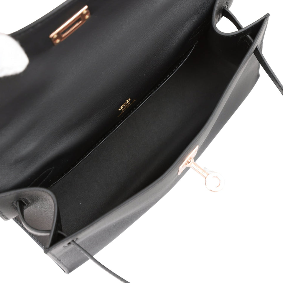 Hermes Kelly Pochette Black Swift Rose Gold Hardware