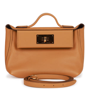 Hermes Mini 24/24 Bag Caramel Evercolor and Sesame Swift Verso Gold Hardware