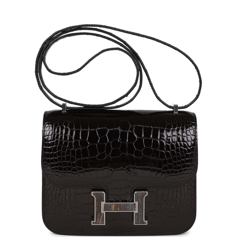 Hermes Constance 18 Black Shiny Alligator Palladium Tiger's Eye Hardware