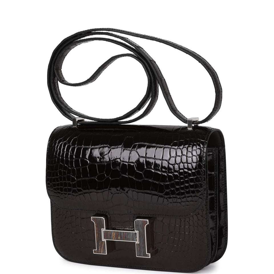 Hermes Constance 18 Black Shiny Alligator Palladium Tiger's Eye Hardware