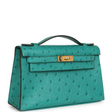 Hermes Kelly Pochette Vert Verone Ostrich Gold Hardware