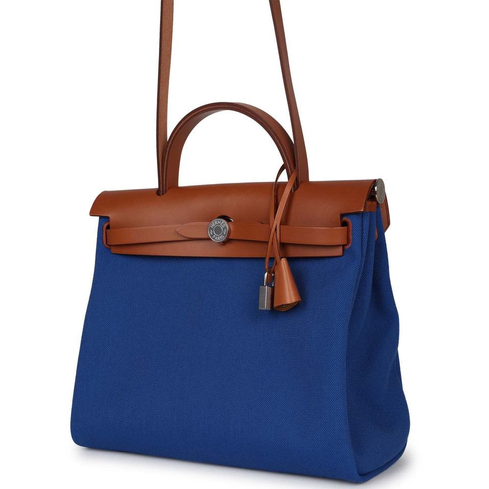 Hermes Herbag Zip PM 31 Bleu France Toile H Fauve Vache Hunter Palladium Hardware