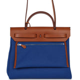 Hermes Herbag Zip PM 31 Bleu France Toile H Fauve Vache Hunter Palladium Hardware