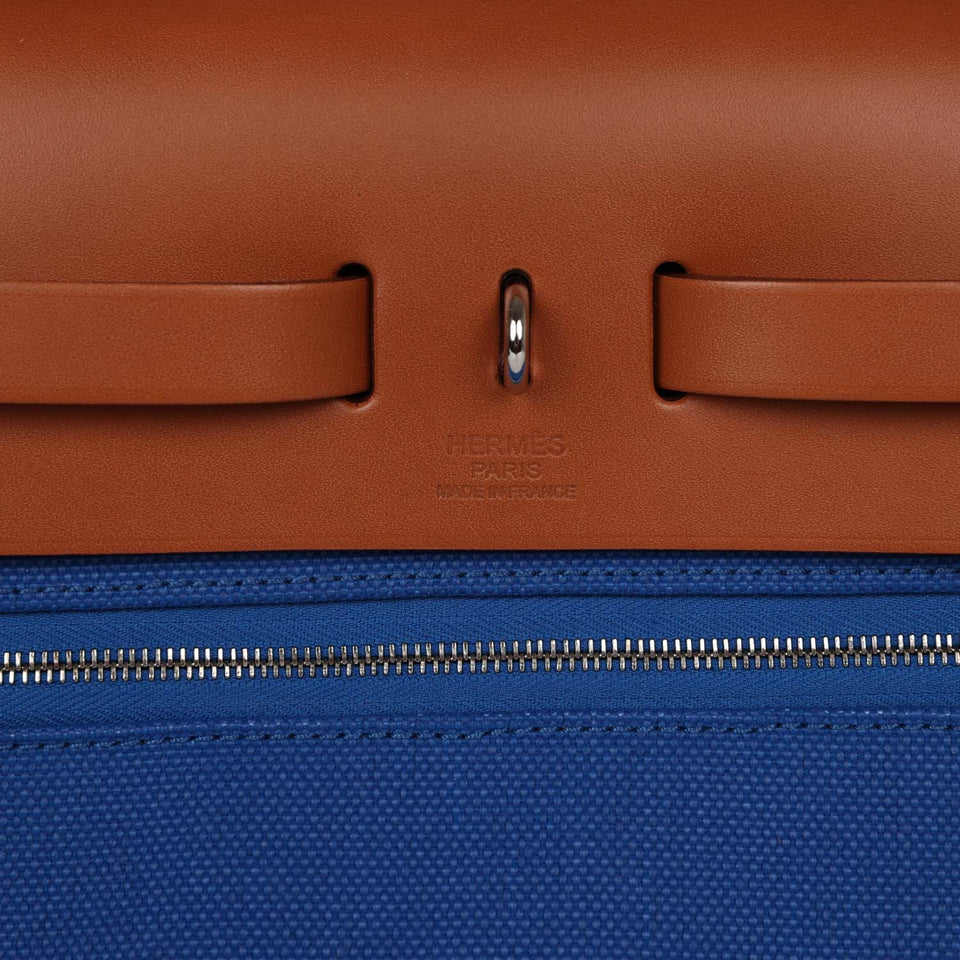 Hermes Herbag Zip PM 31 Bleu France Toile H Fauve Vache Hunter Palladium Hardware