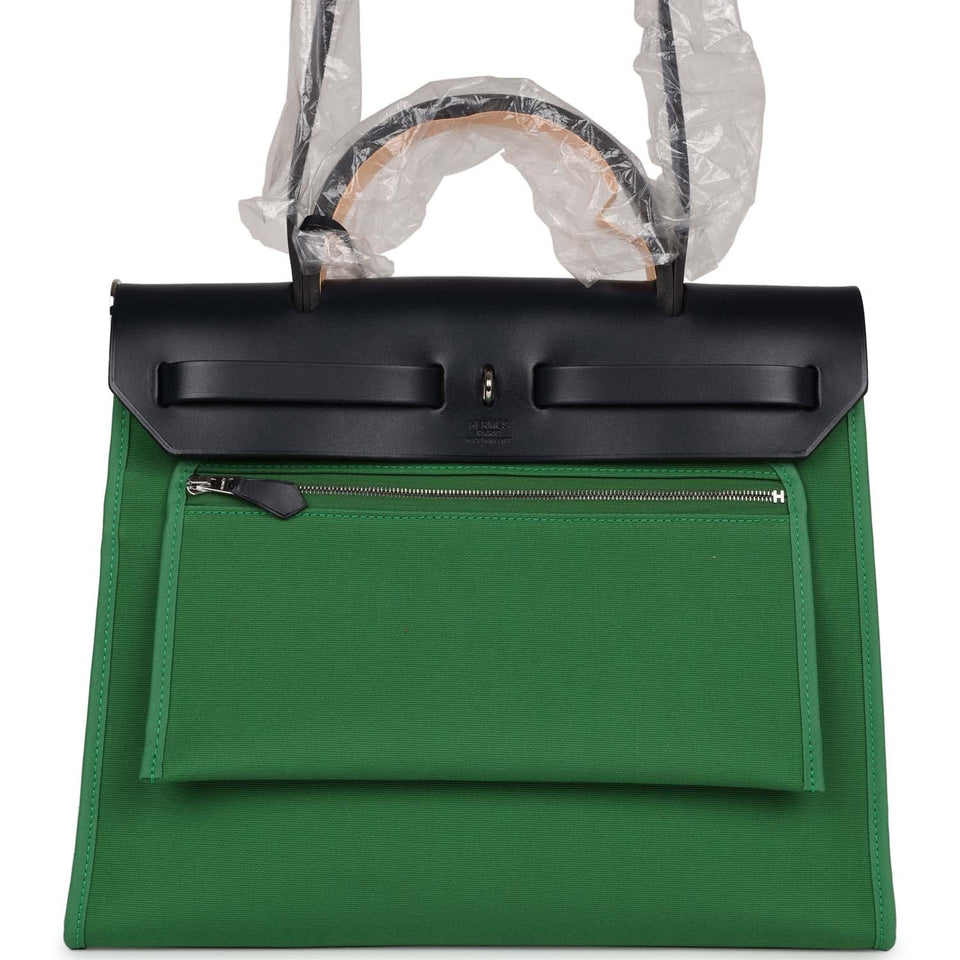 Hermes Herbag Zip PM 31 Bamboo Toile H/Bleu Indigo Vache Hunter Palladium Hardware