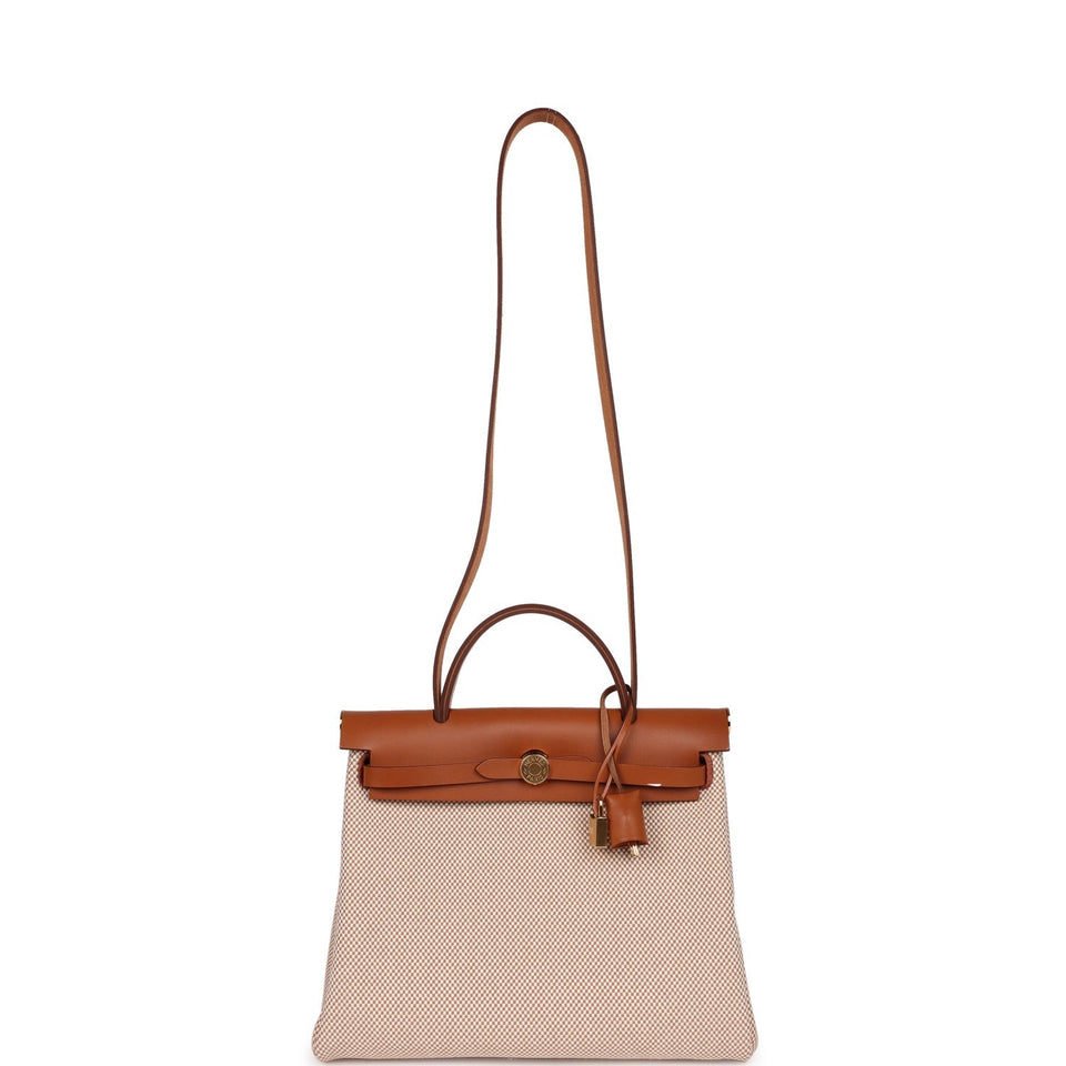 Hermes Herbag Zip Pm 31 Ecru Beige and Naturel Viking Criss Toile Fauve Hunter Gold Hardware