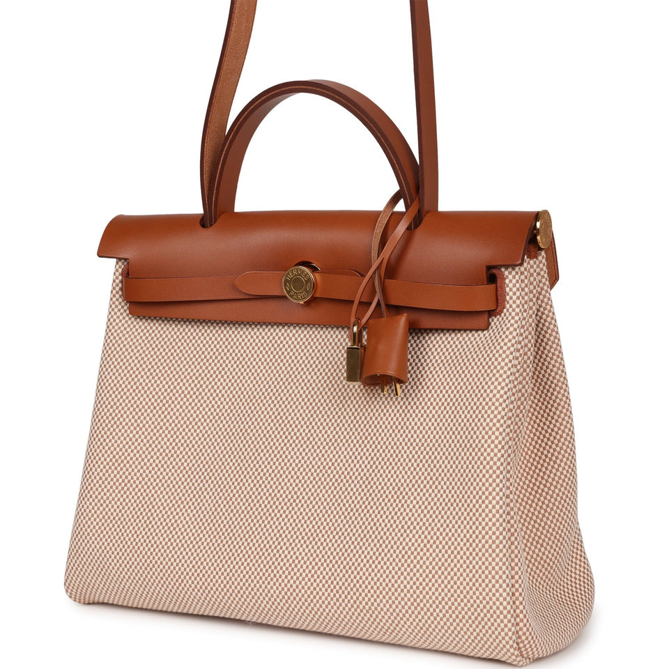 Hermes Herbag Zip Pm 31 Ecru Beige and Naturel Viking Criss Toile Fauve Hunter Gold Hardware
