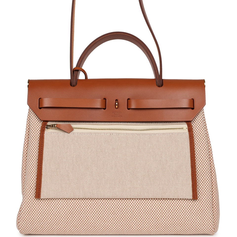 Hermes Herbag Zip Pm 31 Ecru Beige and Naturel Viking Criss Toile Fauve Hunter Gold Hardware