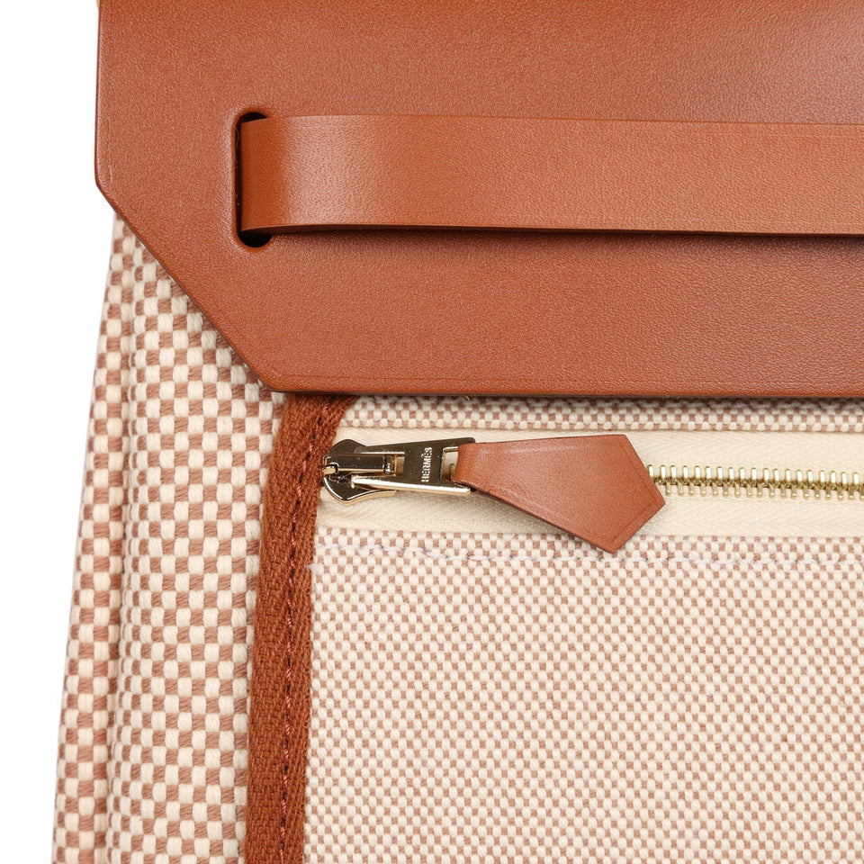 Hermes Herbag Zip Pm 31 Ecru Beige and Naturel Viking Criss Toile Fauve Hunter Gold Hardware