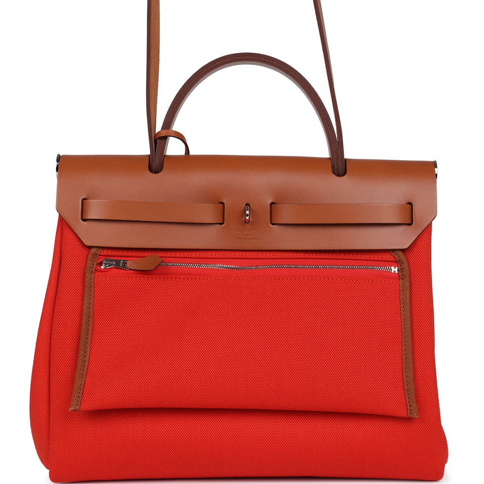 Hermes Herbag Zip PM 31 Capucine Toile Militaire & Fauve Vache Hunter Palladium Hardware