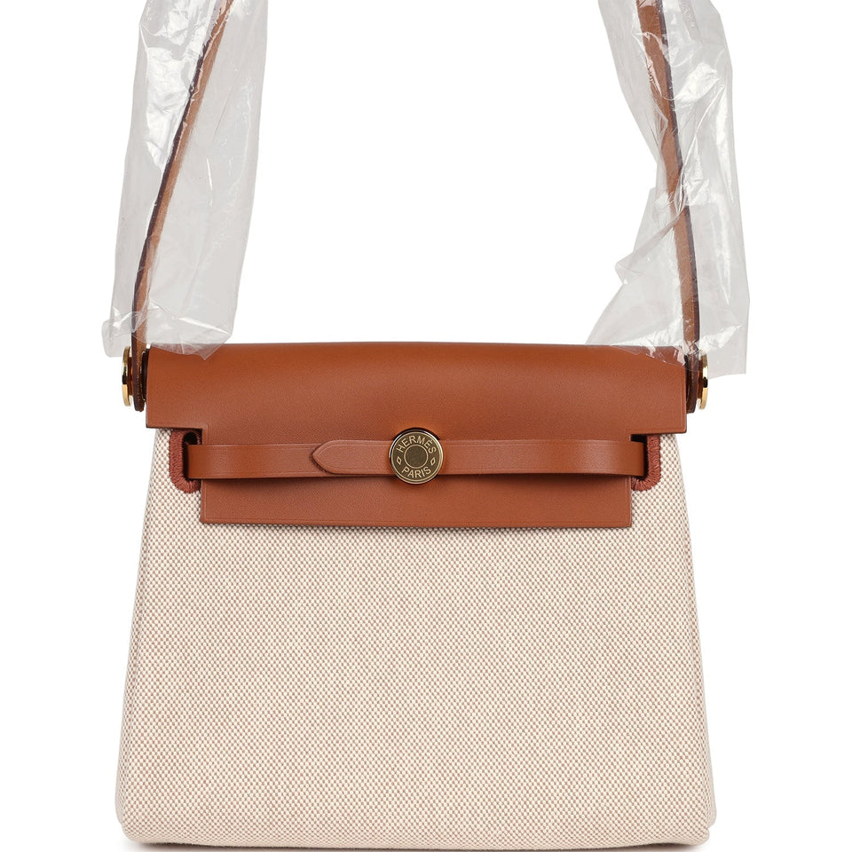 Hermes Herbag Zip 20 Mini Ecru and Beige Toile H Canvas and Fauve Vache Hunter Gold Hardware