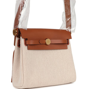 Hermes Herbag Zip 20 Mini Ecru and Beige Toile H Canvas and Fauve Vache Hunter Gold Hardware