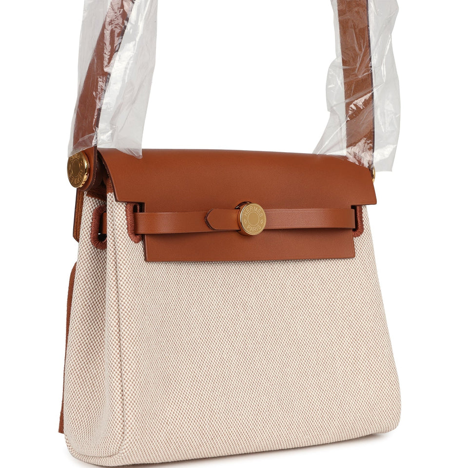 Hermes Herbag Zip 20 Mini Ecru and Beige Toile H Canvas and Fauve Vache Hunter Gold Hardware