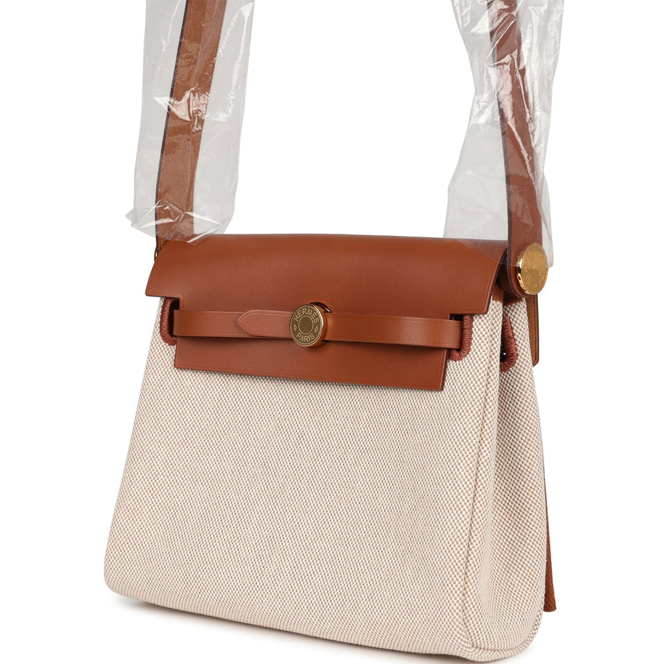 Hermes Herbag Zip 20 Mini Ecru and Beige Toile H Canvas and Fauve Vache Hunter Gold Hardware
