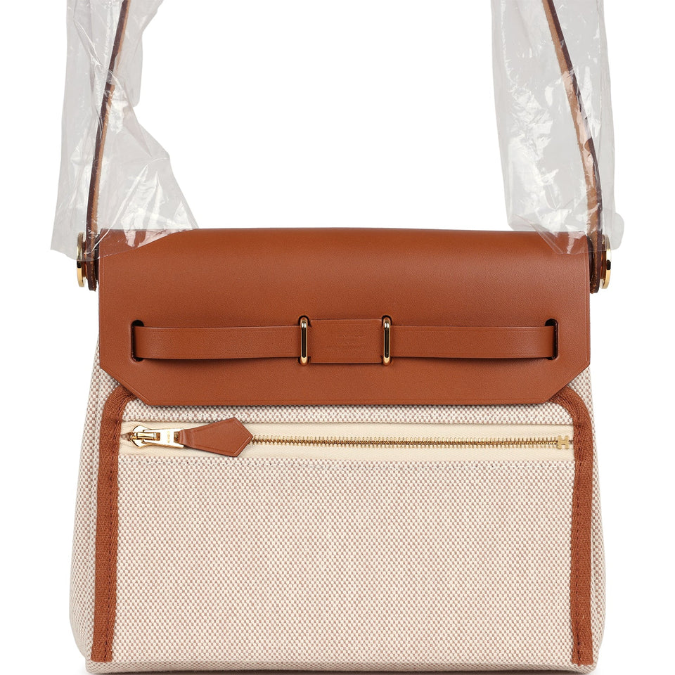 Hermes Herbag Zip 20 Mini Ecru and Beige Toile H Canvas and Fauve Vache Hunter Gold Hardware