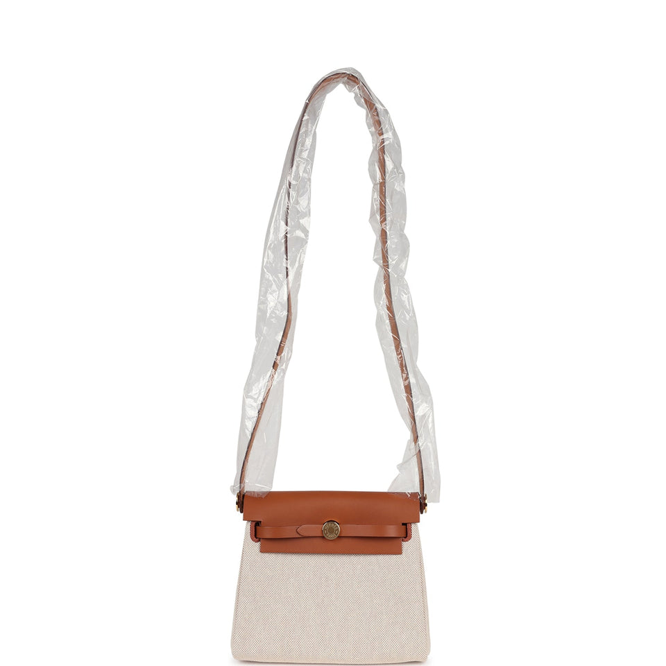 Hermes Herbag Zip 20 Mini Ecru and Beige Toile H Canvas and Fauve Vache Hunter Gold Hardware