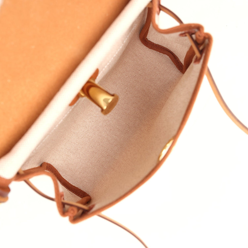 Hermes Herbag Zip 20 Mini Ecru and Beige Toile H Canvas and Fauve Vache Hunter Gold Hardware