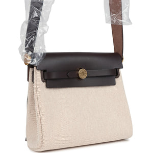 Hermes Herbag Zip 20 Mini Ecru and Beige Toile H Canvas and Ebene Vache Hunter Gold Hardware