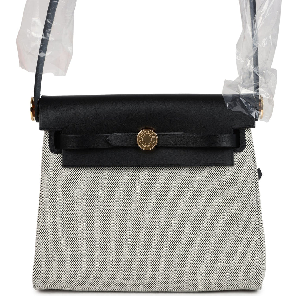 Hermes Herbag Zip 20 Mini Ecru and Black Toile H Canvas and Black Vache Hunter Gold Hardware