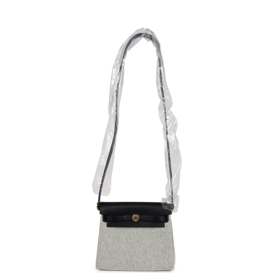 Hermes Herbag Zip 20 Mini Ecru and Black Toile H Canvas and Black Vache Hunter Gold Hardware