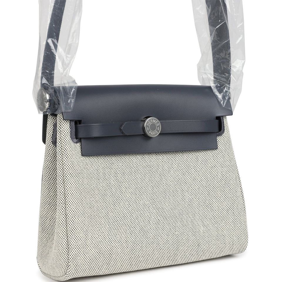 Hermes Herbag Zip 20 Mini Ecru and Ardoise Toile H Canvas and Ardoise Vache Hunter Palladium Hardware