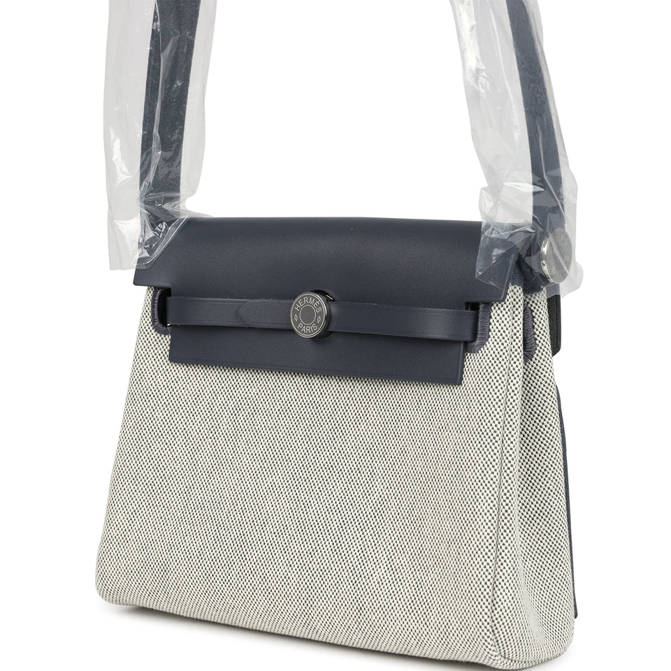 Hermes Herbag Zip 20 Mini Ecru and Ardoise Toile H Canvas and Ardoise Vache Hunter Palladium Hardware