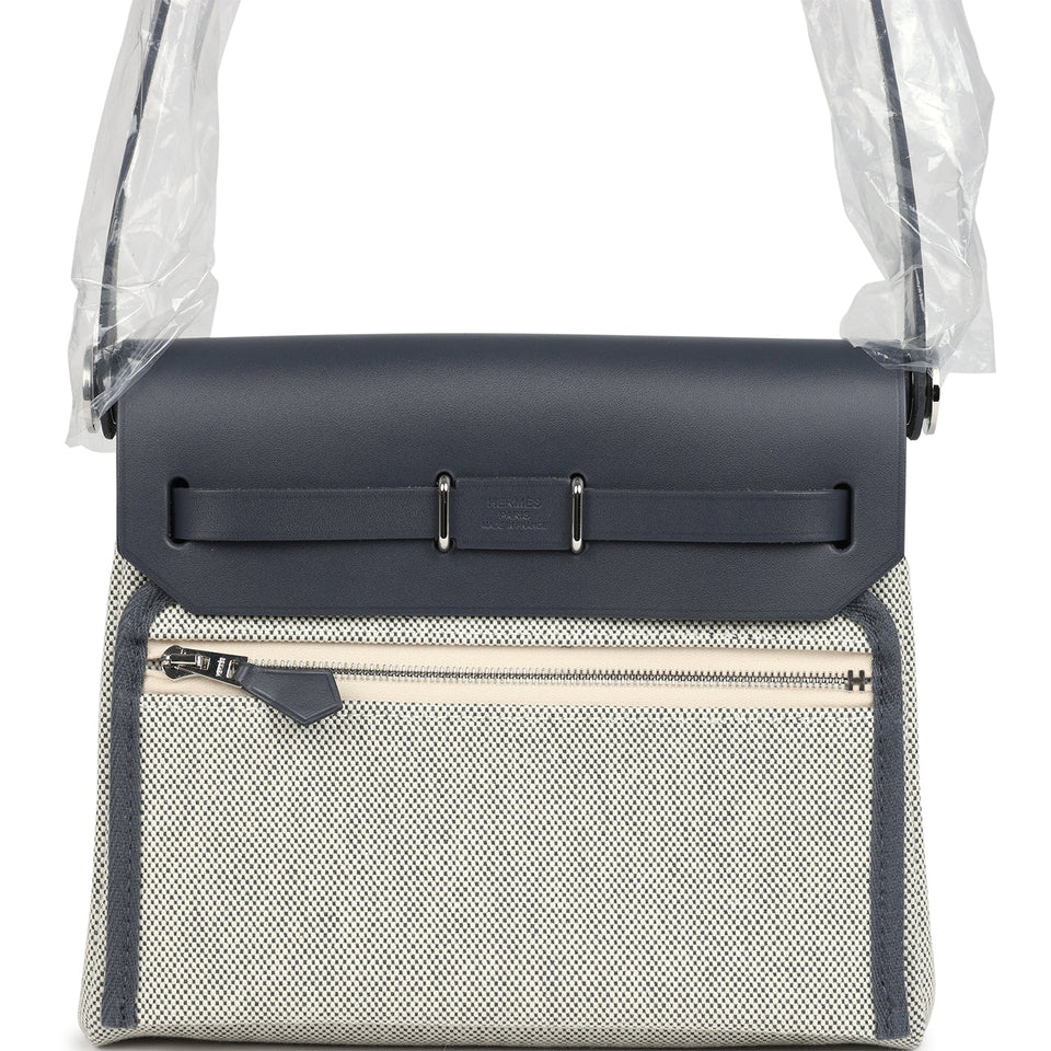 Hermes Herbag Zip 20 Mini Ecru and Ardoise Toile H Canvas and Ardoise Vache Hunter Palladium Hardware