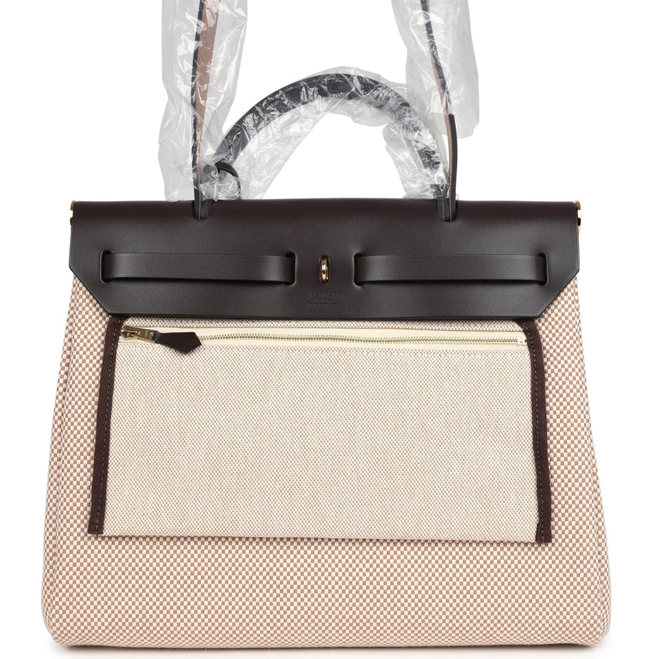 Hermes Herbag Zip PM 31 Ecru and Beige Toile H Ebene Hunter Gold Hardware