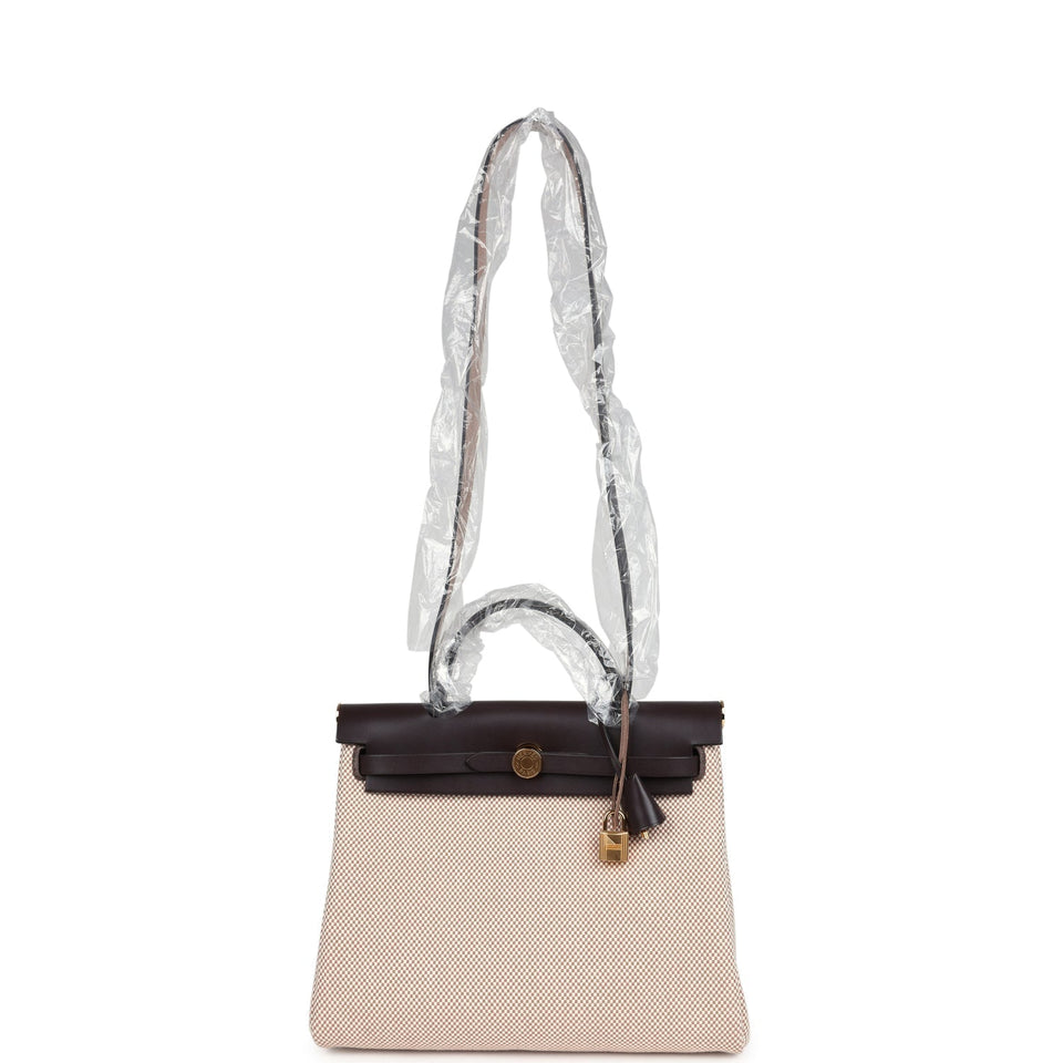 Hermes Herbag Zip PM 31 Ecru and Beige Toile H Ebene Hunter Gold Hardware