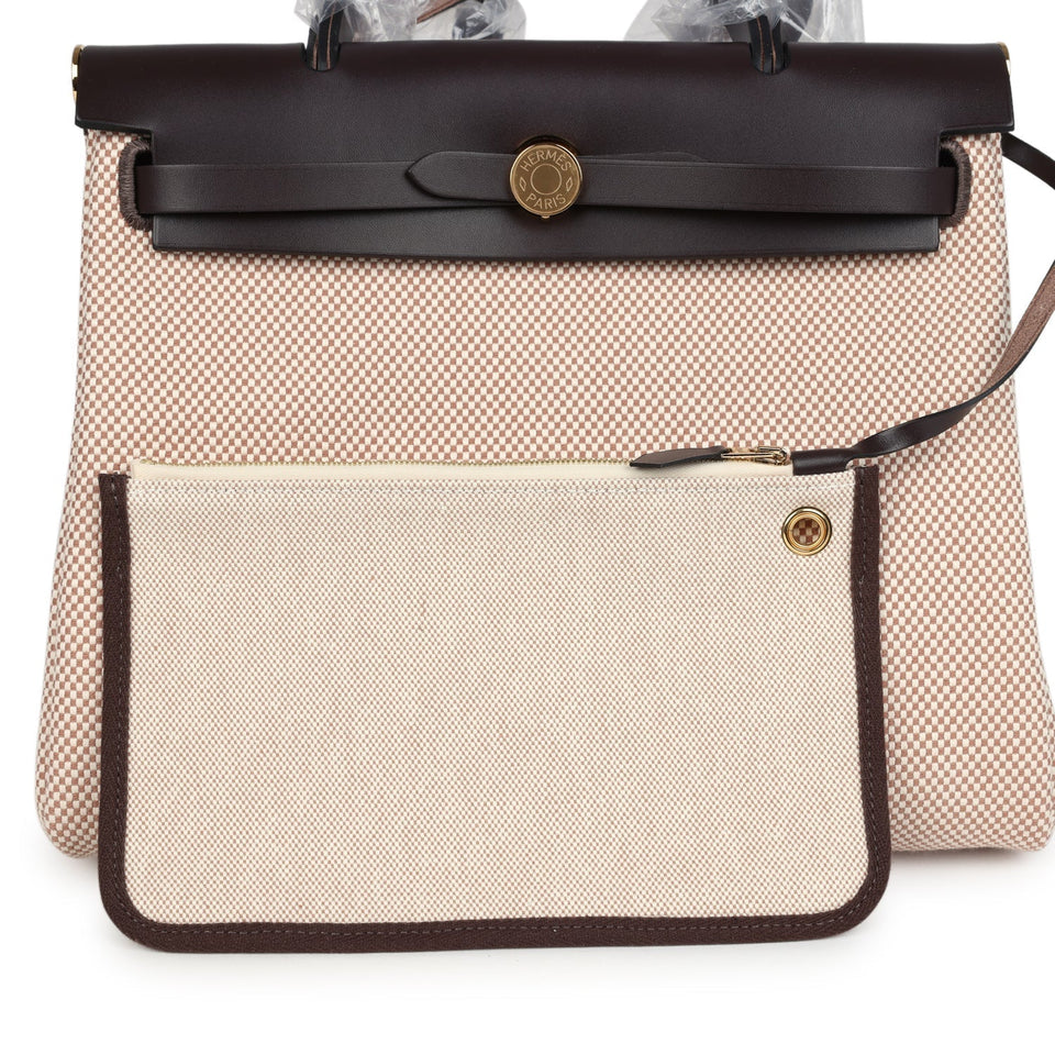 Hermes Herbag Zip PM 31 Ecru and Beige Toile H Ebene Hunter Gold Hardware