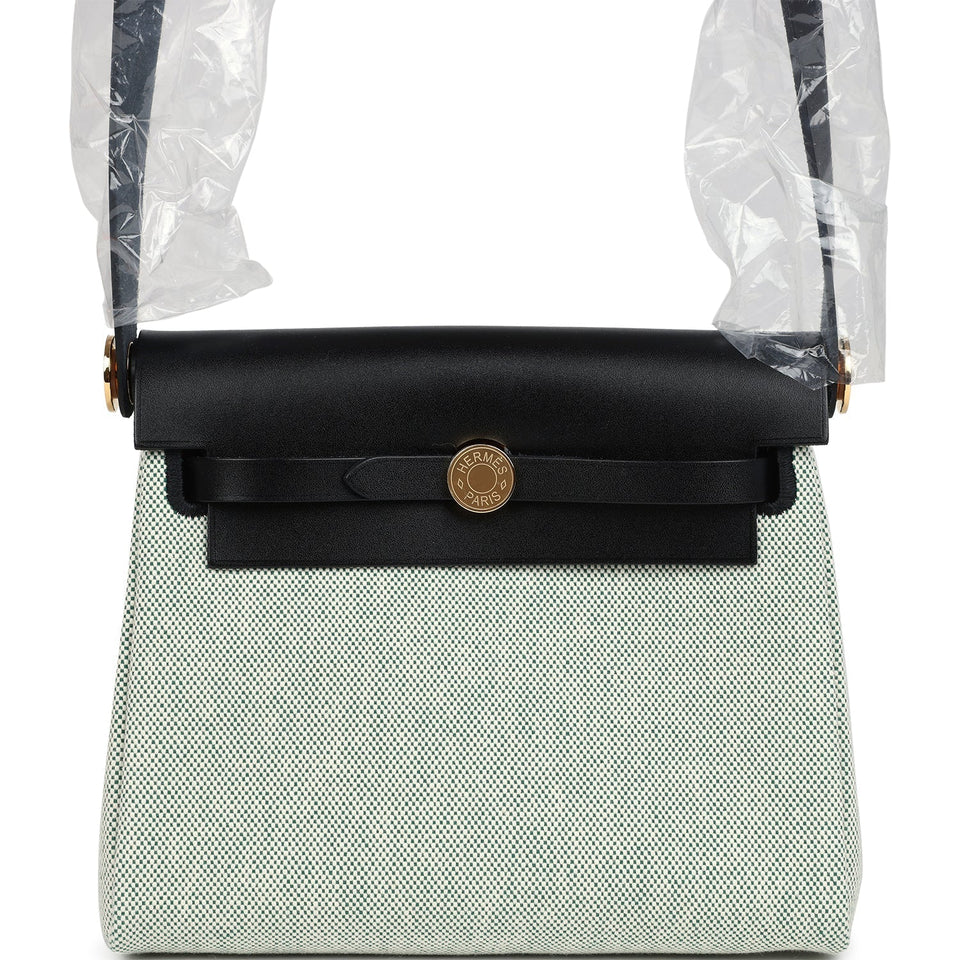 Hermes Herbag Zip 20 Mini Ecru and Vert Moyen Toile H Canvas and Black Vache Hunter Gold Hardware