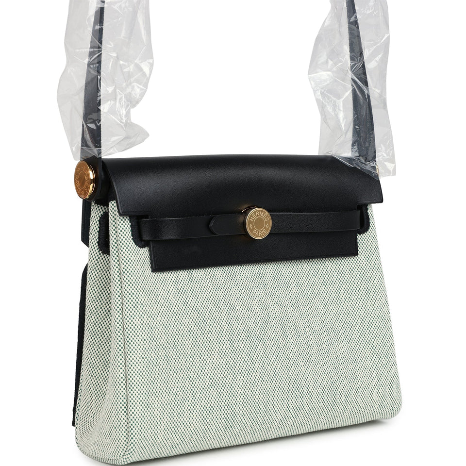 Hermes Herbag Zip 20 Mini Ecru and Vert Moyen Toile H Canvas and Black Vache Hunter Gold Hardware