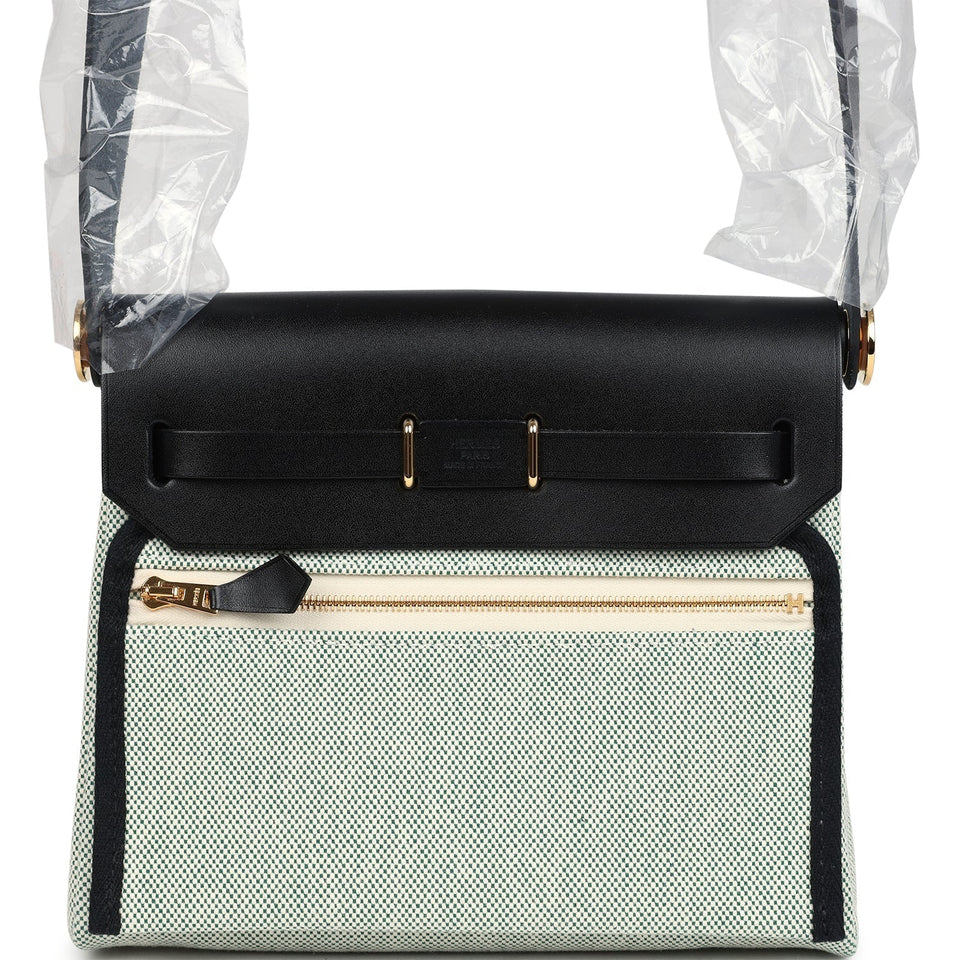 Hermes Herbag Zip 20 Mini Ecru and Vert Moyen Toile H Canvas and Black Vache Hunter Gold Hardware