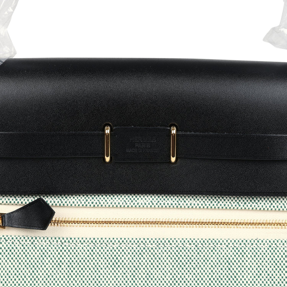 Hermes Herbag Zip 20 Mini Ecru and Vert Moyen Toile H Canvas and Black Vache Hunter Gold Hardware