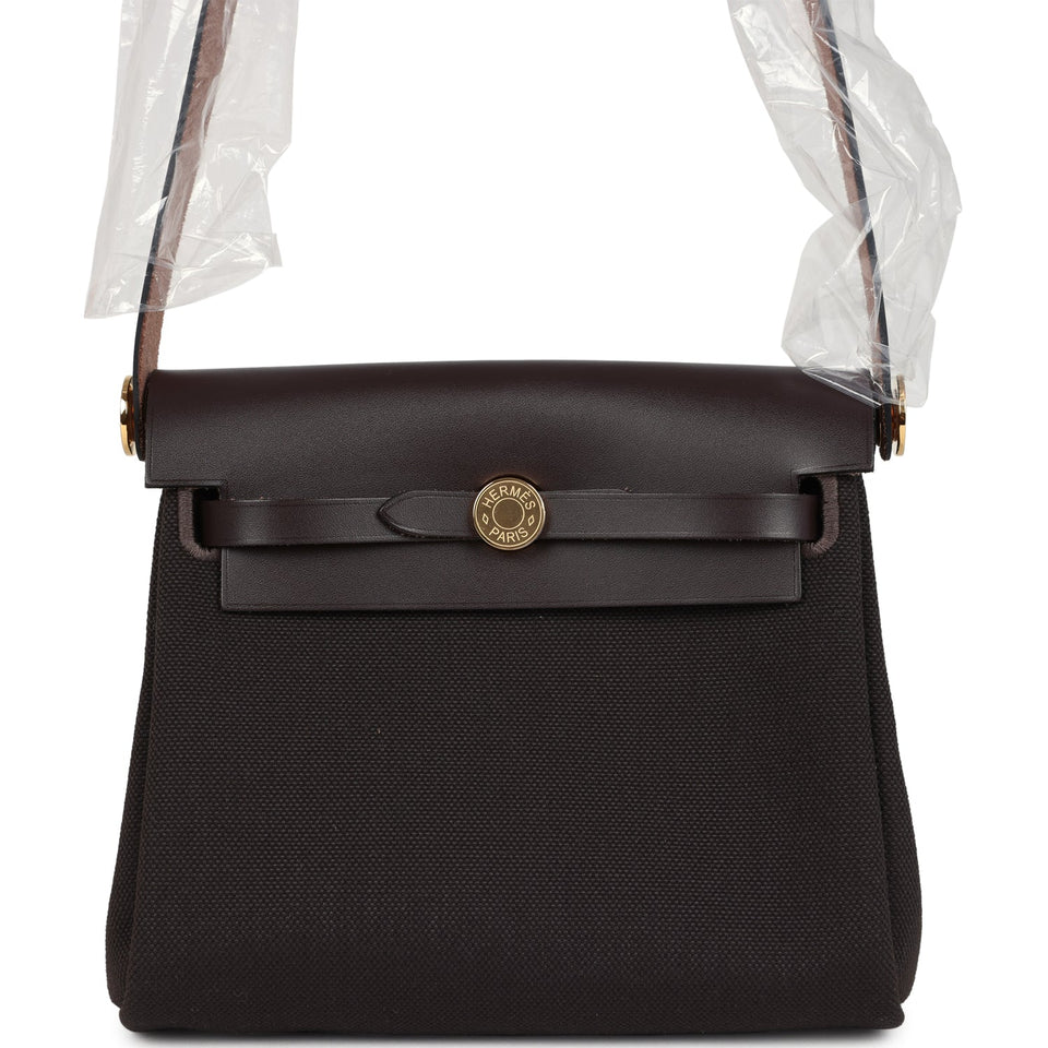 Hermes Herbag Zip 20 Mini Ebene Toile H Canvas and Vache Hunter Gold Hardware