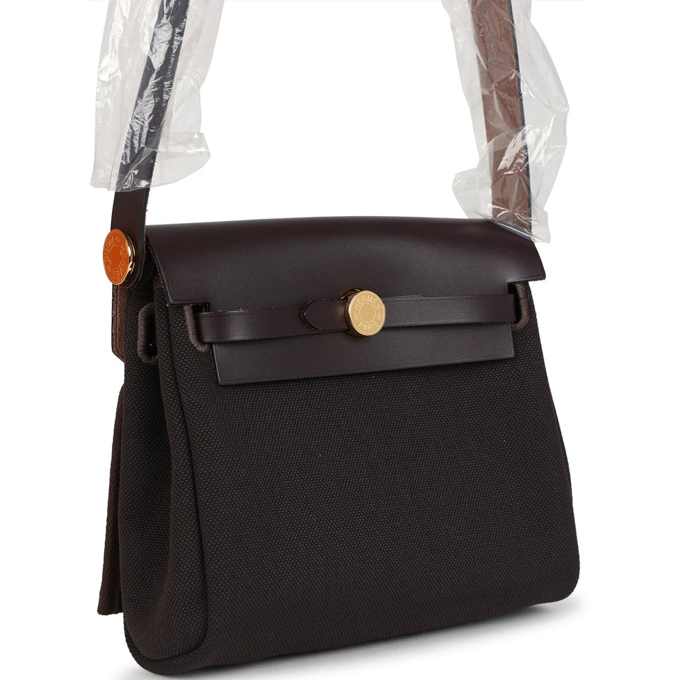 Hermes Herbag Zip 20 Mini Ebene Toile H Canvas and Vache Hunter Gold Hardware