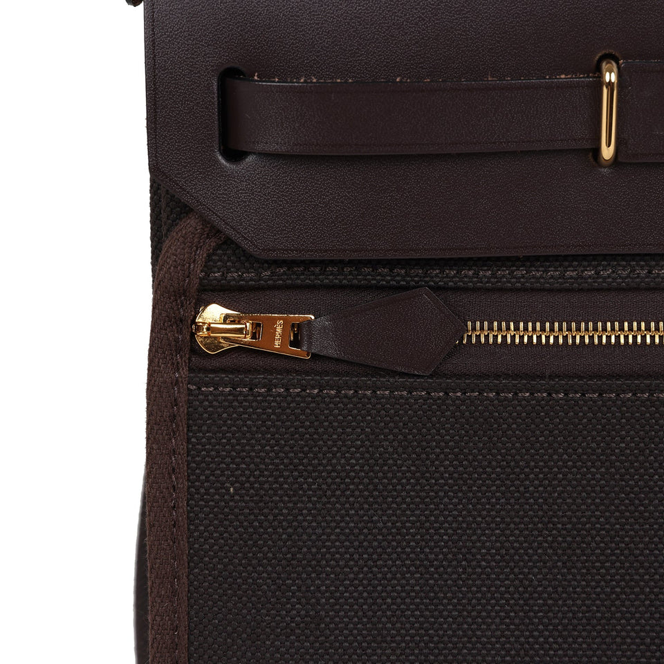 Hermes Herbag Zip 20 Mini Ebene Toile H Canvas and Vache Hunter Gold Hardware