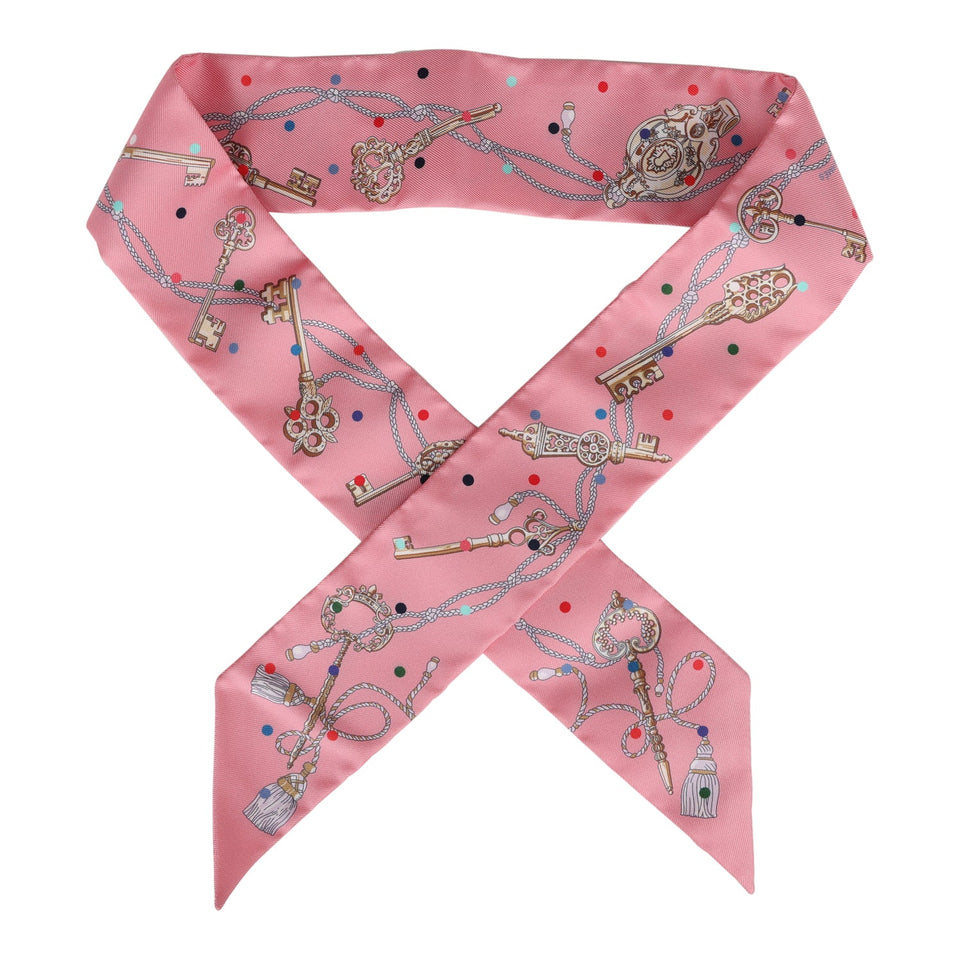 Hermes "Les Cles A Pois" Rose Silk Twilly Pair