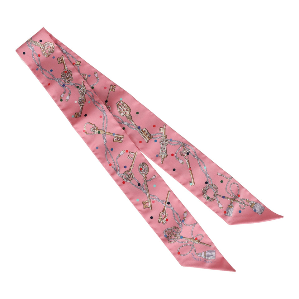 Hermes "Les Cles A Pois" Rose Silk Twilly Pair