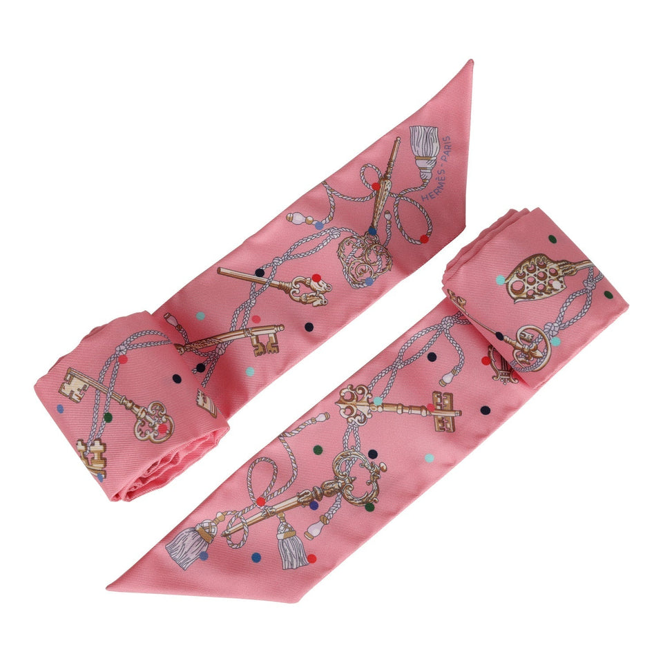 Hermes "Les Cles A Pois" Rose Silk Twilly Pair