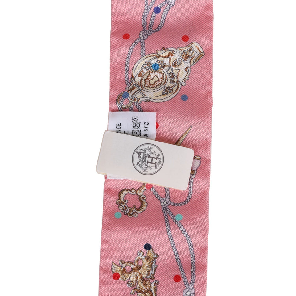 Hermes "Les Cles A Pois" Rose Silk Twilly Pair