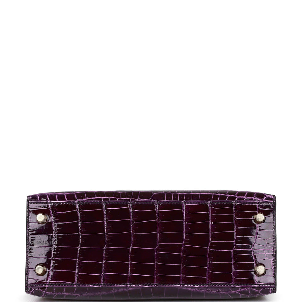 Hermes Kelly Sellier 25 Aubergine Shiny Niloticus Crocodile Gold Hardware